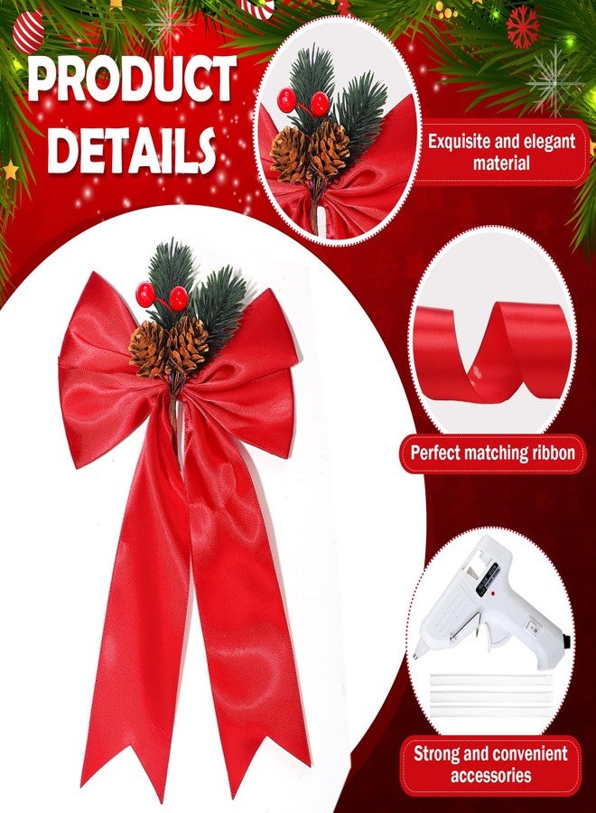 Daifunli 16 Pcs Christmas Cabinet Ribbon Bows with Pine Cone Decor DIY Large Red Cabinet Bows with 30 Yard Ribbon Xmas Decoration for DIY Christmas Tree Door Home Holiday Home Kitchen Gifts Supplies - Image 3
